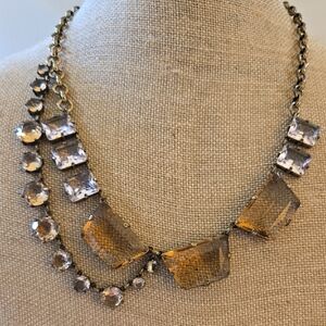 Vintage J.Crew Brass Tone Pink And Orange Asymmetric Glass Necklace.